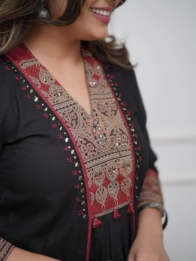 Women’s Black Cotton Kurta Pant Set with Embroidered Yoke & Printed Dupatta