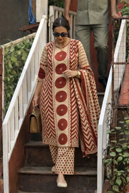 Beige & Red Geometric Print Kurta Set with Coordinated Dupatta