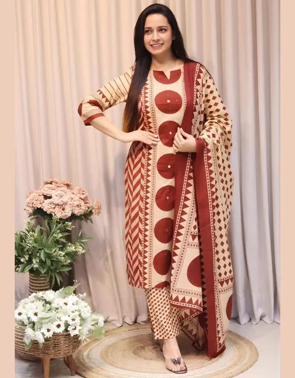 Beige & Red Geometric Print Kurta Set with Coordinated Dupatta