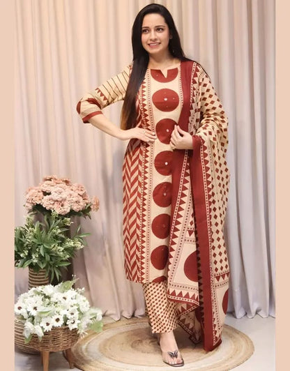 Beige & Red Geometric Print Kurta Set with Coordinated Dupatta