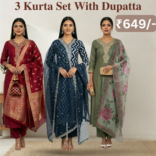 Women's Pack of 3 Pure Cotton Kurtis with Pant & Dupatta |C-01