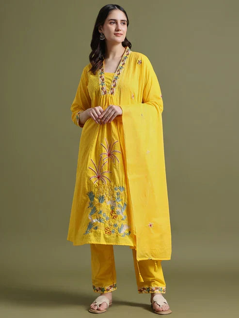 Yellow Cotton Embroidered Kurta Set with Dupatta