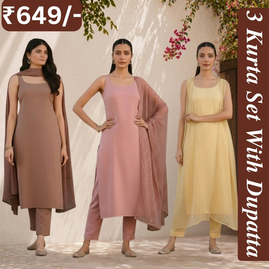 Women's Pack of 3 Pure Cotton Kurtis with Pant & Dupatta |C-018