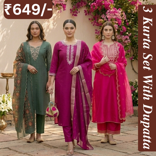 Women's Pack of 3 Pure Cotton Kurtas Pant Set & Dupatta |C-023