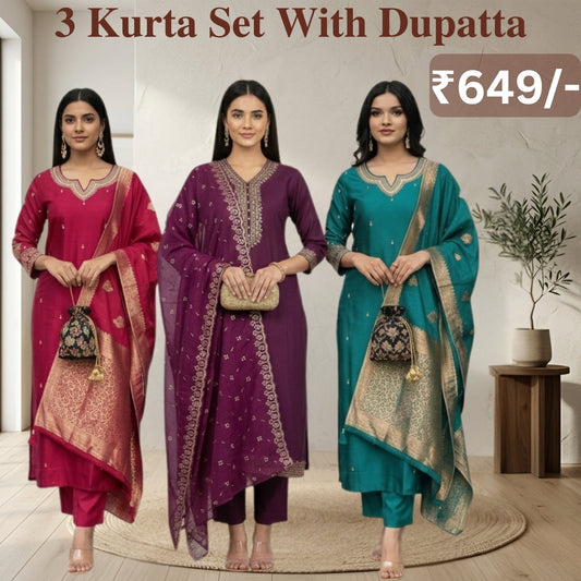 Women's Pack of 3 Pure Cotton Kurtis with Pant & Dupatta | C-08