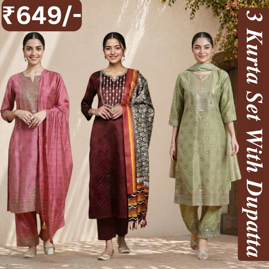 Women's Pack of 3 Pure Cotton Kurtis with Pant & Dupatta |C-015
