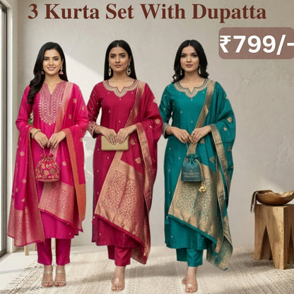 Women's Pack of 3 Pure Cotton Kurtis with Pant & Dupatta|C-10