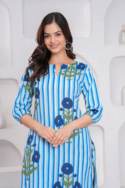 Blue Cotton Striped Floral Co-Ord Set
