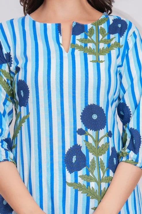 Blue Cotton Striped Floral Co-Ord Set