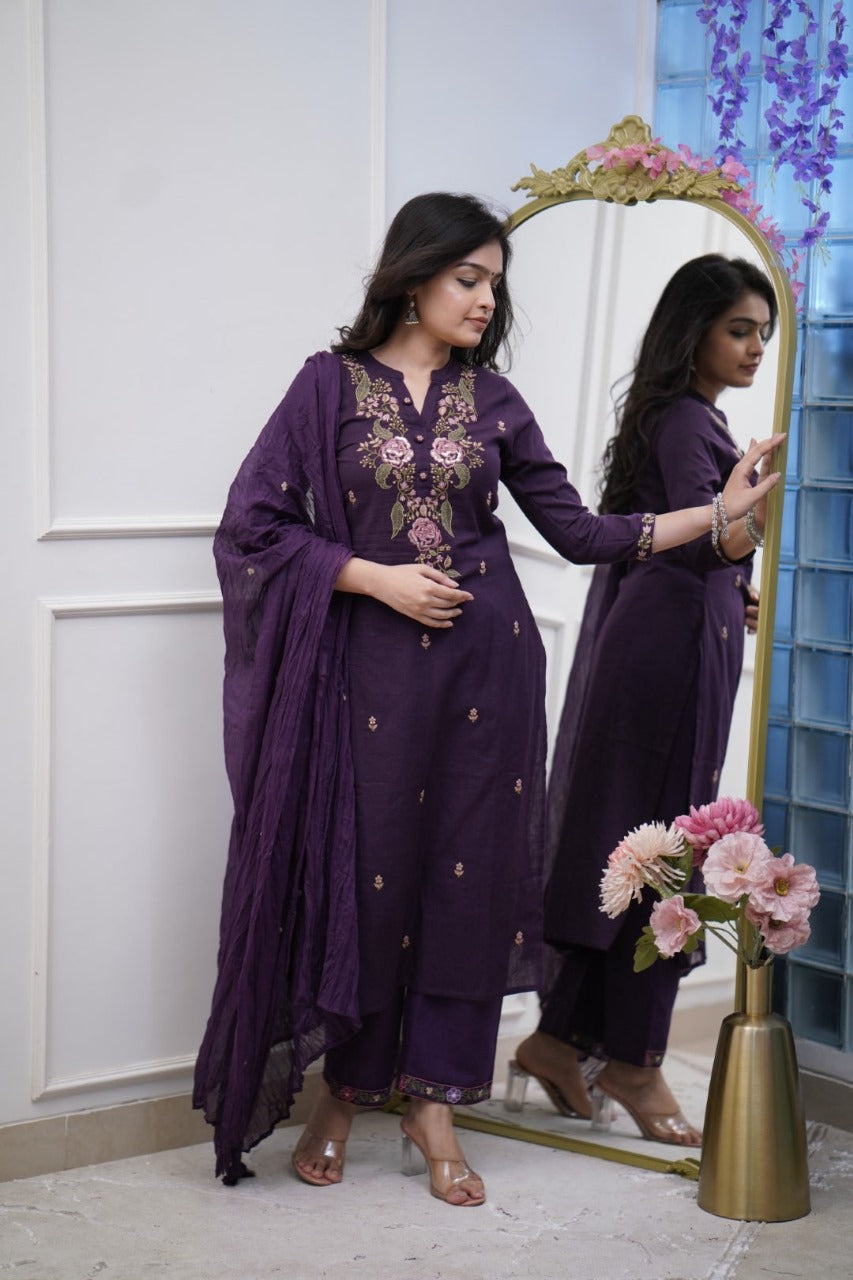 Purple Cotton Embroidered Kurta Pant And Dupatta Set