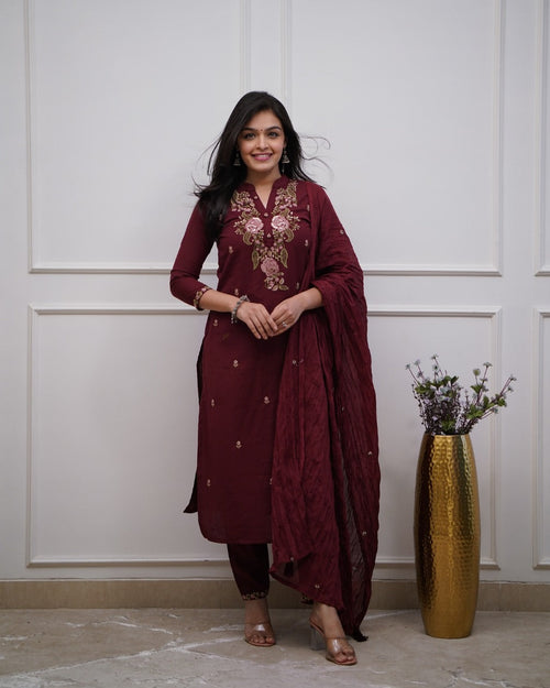 Maroon Cotton Embroidered Kurta Pant And Dupatta Set