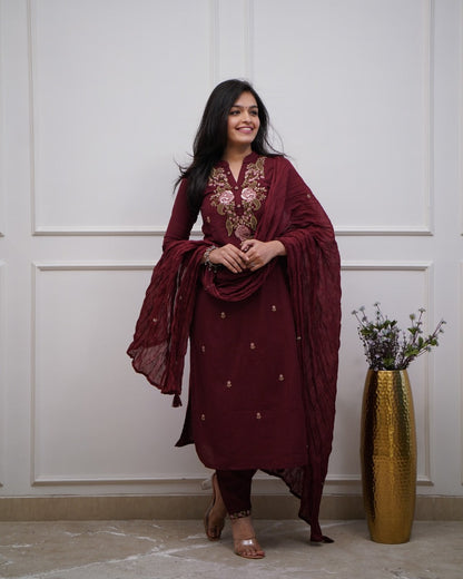 Maroon Cotton Embroidered Kurta Pant And Dupatta Set