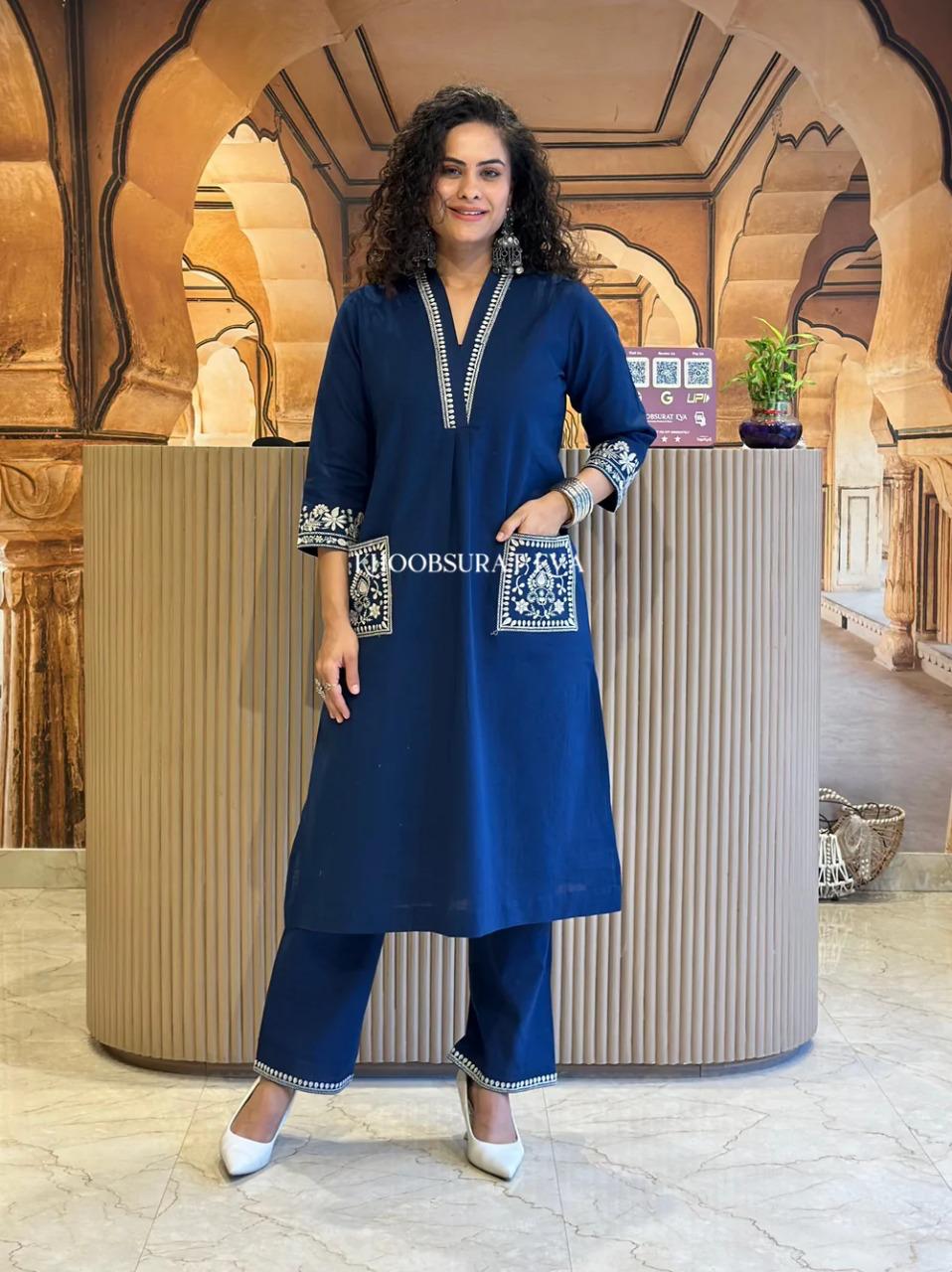 Natural Cotton Slub Blue Kurti & Pant