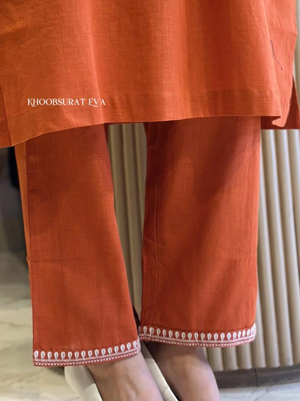 Natural Cotton Slub Orange Kurti & Pant