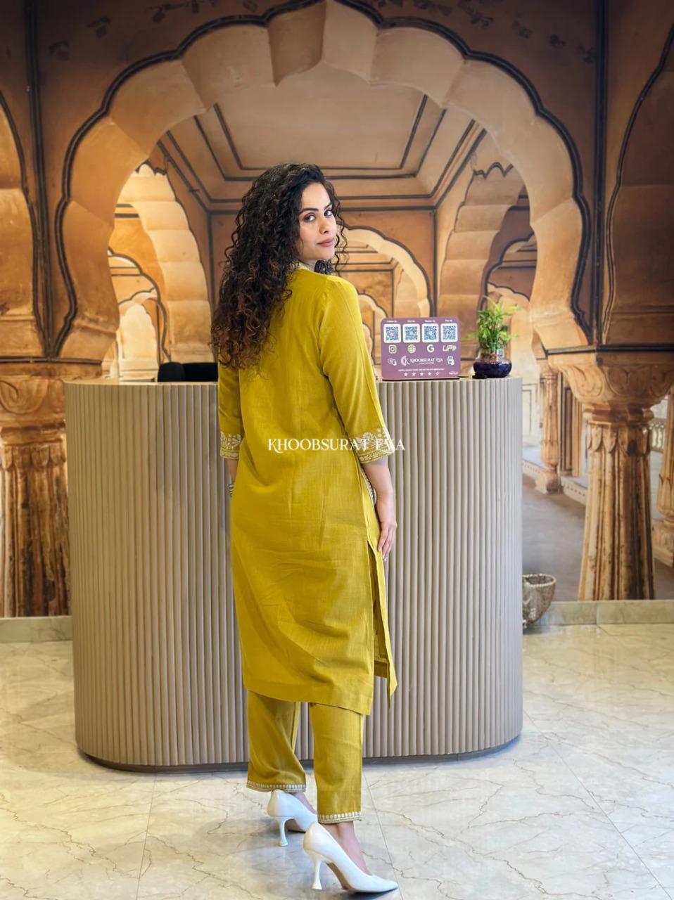Natural Cotton Slub Yellow Kurti & Pant