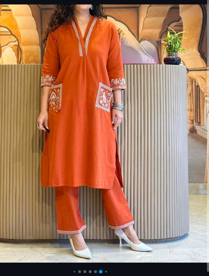 Natural Cotton Slub Orange Kurti & Pant