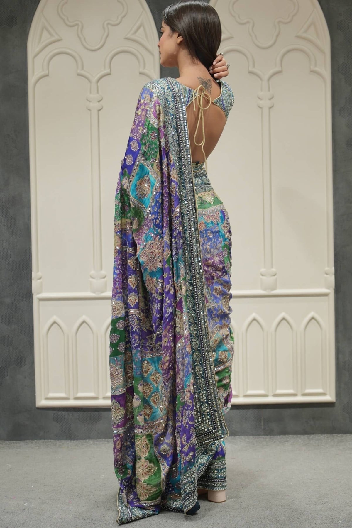 Preferable Multicolor Chinon Silk Printed Mirror Work Saree