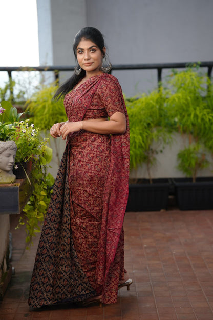 Classic 1 Minute Ready To Wear Maroon Mul Cotton Digital Printed Saree With Pocket