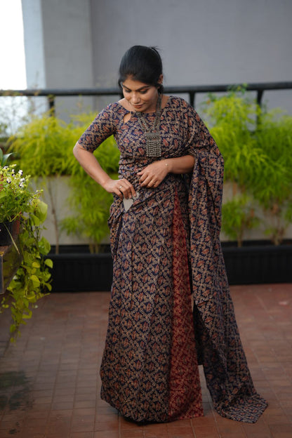 Admirable 1 Minute Ready To Wear Navy Blue Mul Cotton Digital Printed Saree With Pocket