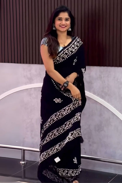 Cynosure 1 Minute Ready To Wear Black Mul Cotton Digital Printed Saree