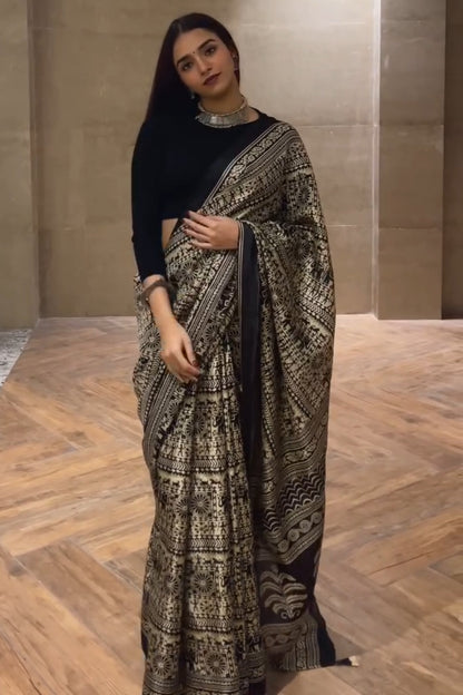 Adorning Black 1 Minute Ready To Wear Digital Printed Crape Silk Saree