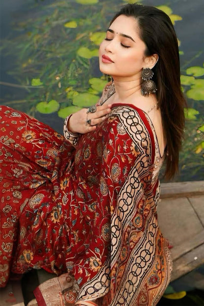 Moiety Red 1 Minute Ready To Wear Digital Printed Crape Silk Saree