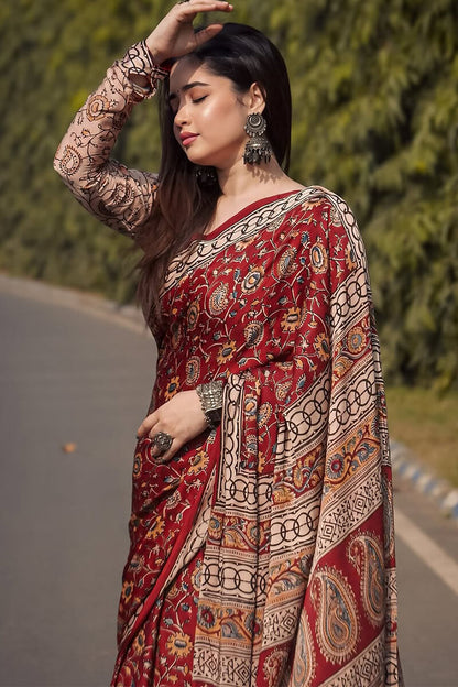 Moiety Red 1 Minute Ready To Wear Digital Printed Crape Silk Saree