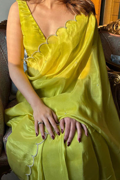 Pleasurable 1-Minute Ready To Wear Parrot Chinon Saree