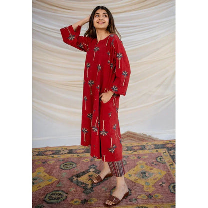 Premium Red Printed A-Line Kurti Set