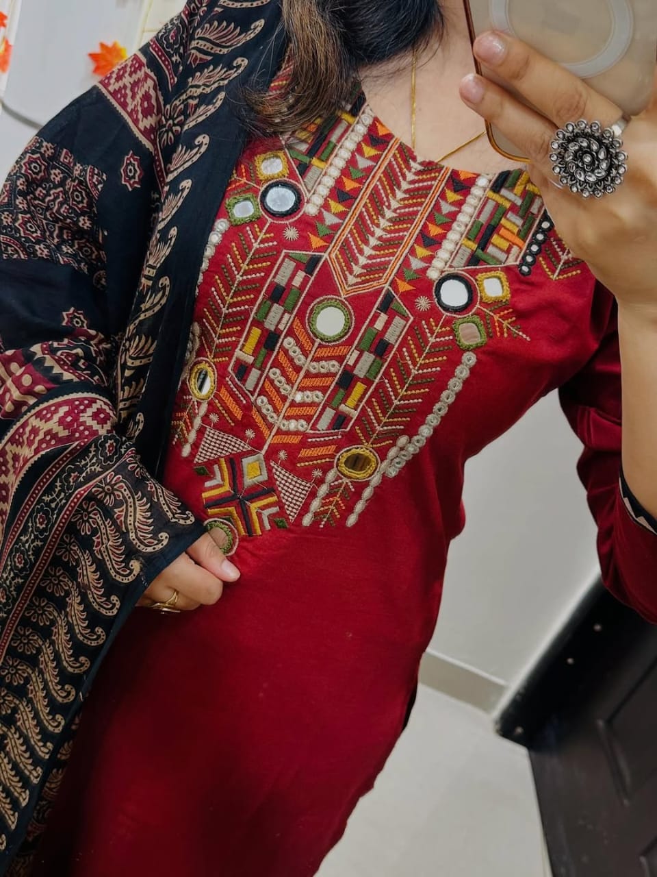 Red Hand-Embroidered Kurta Set with Ajrakh Print Dupatta
