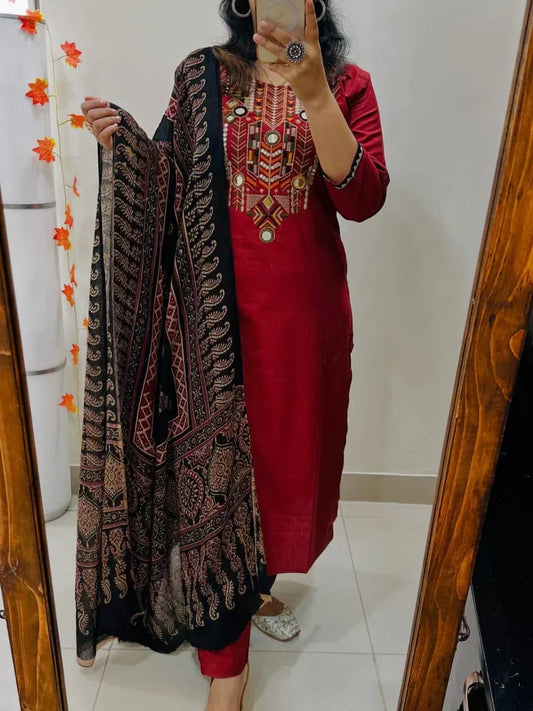 Red Hand-Embroidered Kurta Set with Ajrakh Print Dupatta