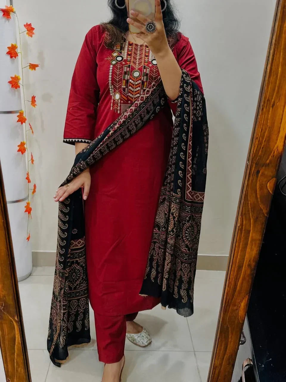 Red Hand-Embroidered Kurta Set with Ajrakh Print Dupatta