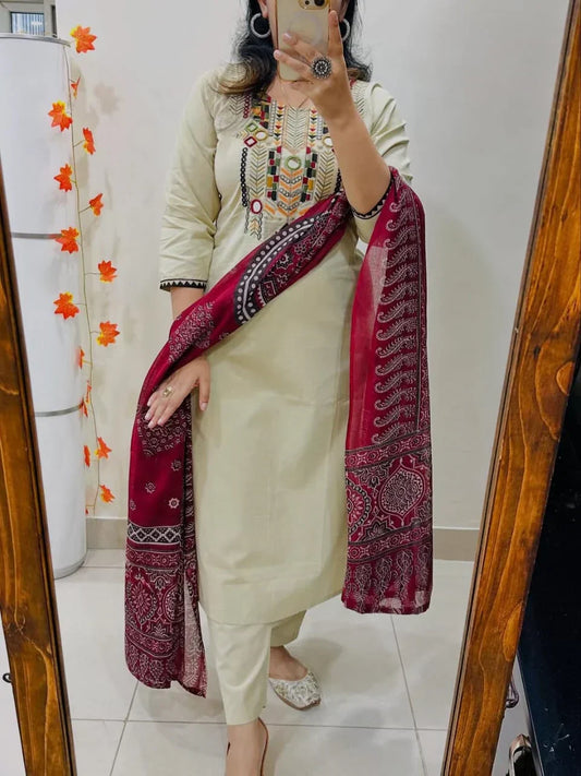 White Hand-Embroidered Kurta Set with Ajrakh Print Dupatta