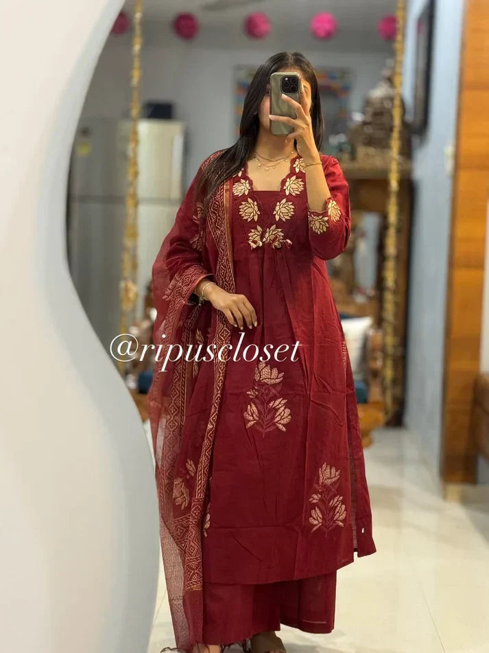 Maroon Floral Embroidered Kurta Set with Dupatta