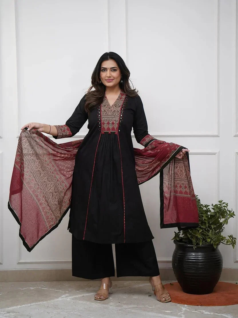 Women’s Black Cotton Kurta Pant Set with Embroidered Yoke & Printed Dupatta