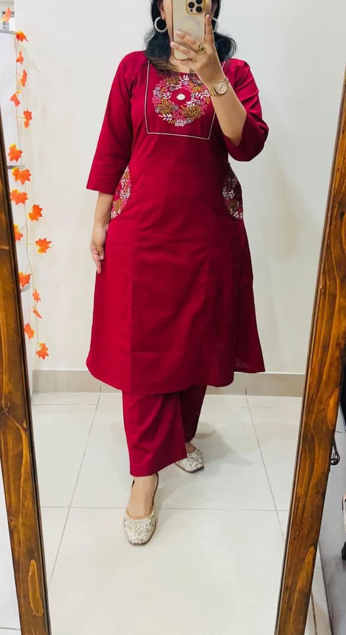 Maroon Embroidered Straight Kurta Set with Pants for Women