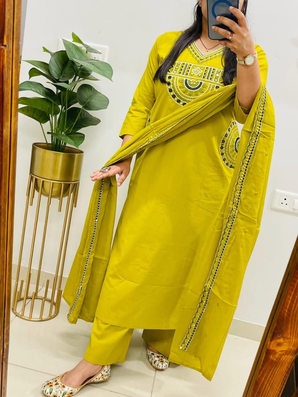 EMBROIDERED COTTON KURTI PANT WITH DUPATTA SUIT SET