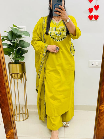 EMBROIDERED COTTON KURTI PANT WITH DUPATTA SUIT SET