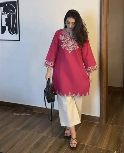 Embroidery Pink Cotton Kurta Set with Palazzo Pants