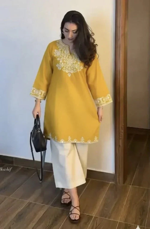 Embroidery Yellow Cotton Kurta Set with Palazzo Pants