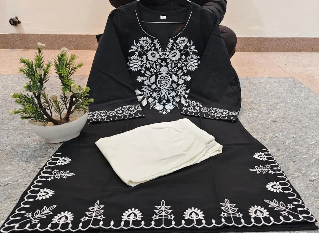Embroidery Black Cotton Kurta Set with Palazzo Pants