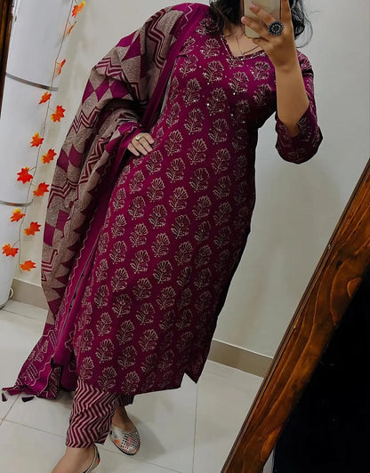 Women's Pure Cotton Printed Maroon Kurta With Pant And Dupatta