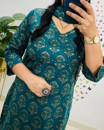 Women's Pure Cotton Printed Sea Blue Kurta With Pant And Dupatta