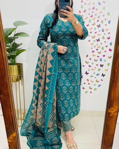 Women's Pure Cotton Printed Sea Blue Kurta With Pant And Dupatta