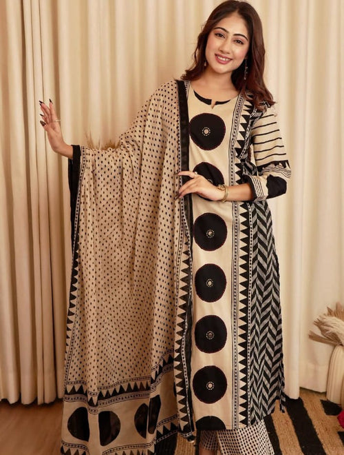 Beige & Black Geometric Print Kurta Set with Coordinated Dupatta