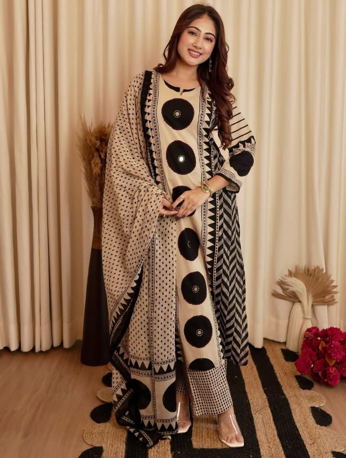 Beige & Black Geometric Print Kurta Set with Coordinated Dupatta