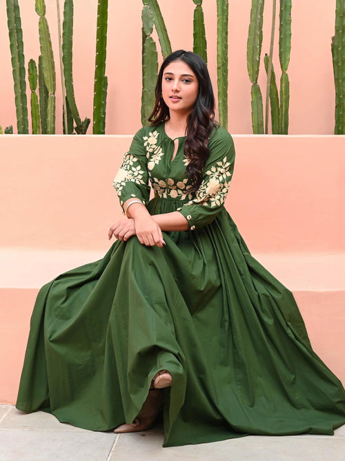 Forest Green Anarkali Gown With Floral Embroidery