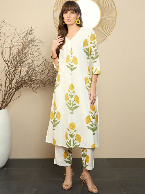 Premium Cream Cotton Marigold Print Kurta Set