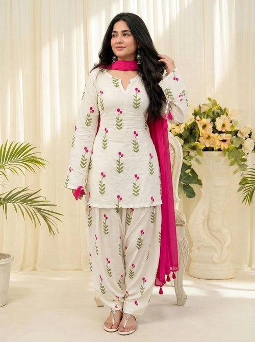 White Floral Printed Cotton Kurta Pant Set with Pink Dupatta for Women