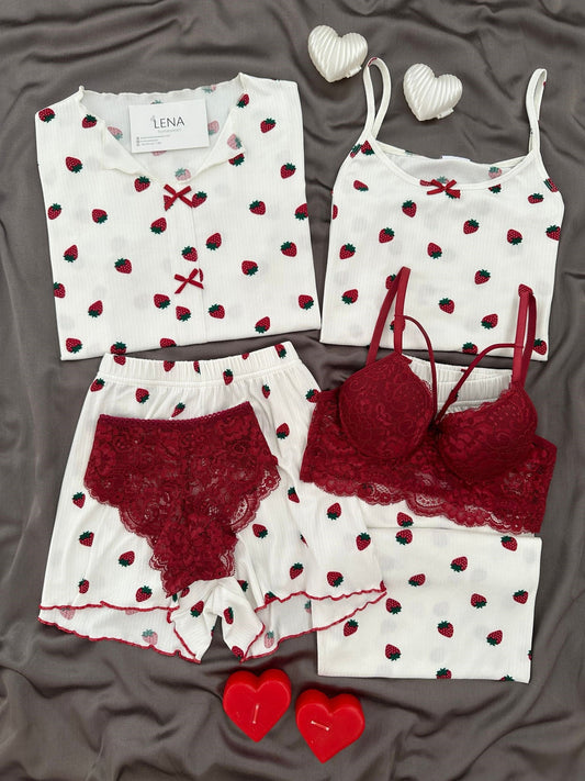 Strawberry Patterned 6-Piece Oslo Pajama Set